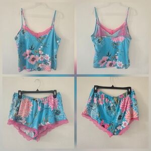 New! Secret treasures L/M womens 2 piece floral blue/pink lace trim pj set